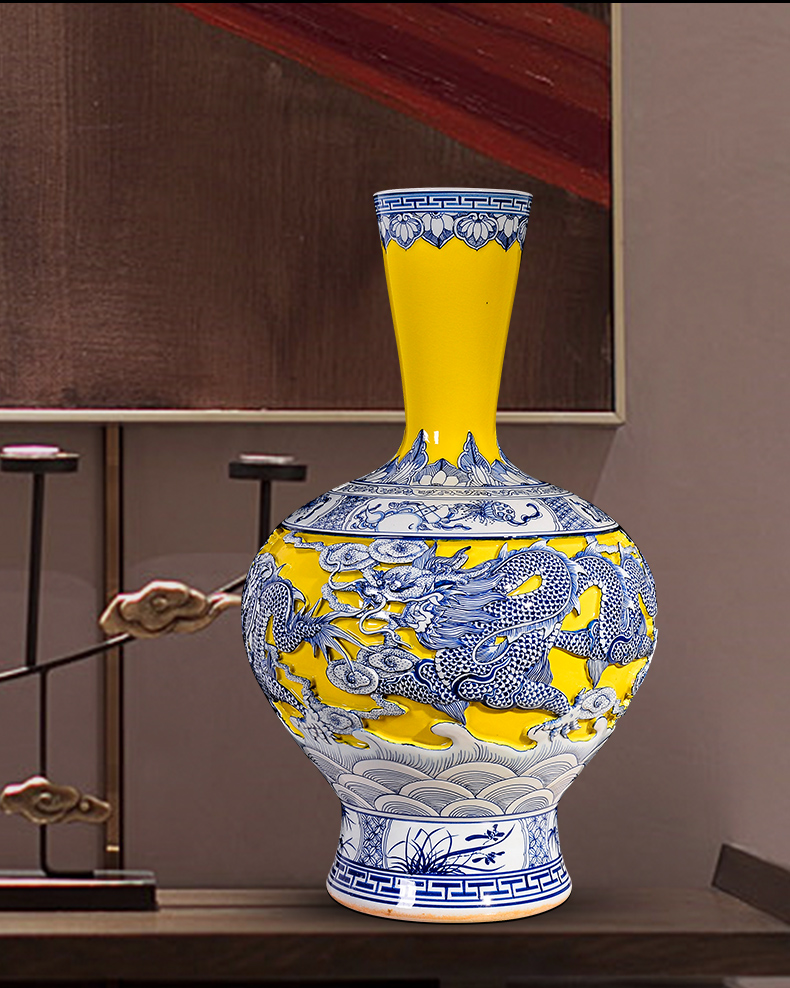 Jingdezhen ceramic manual yellow carving number same Chinese vase landing home sitting room porch decorate furnishing articles