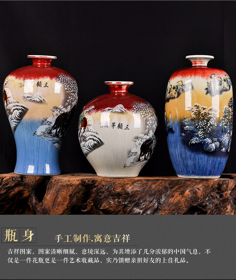 Jingdezhen ceramic antique three vases, flower arrangement of Chinese style living room porch decorate rich ancient frame crafts