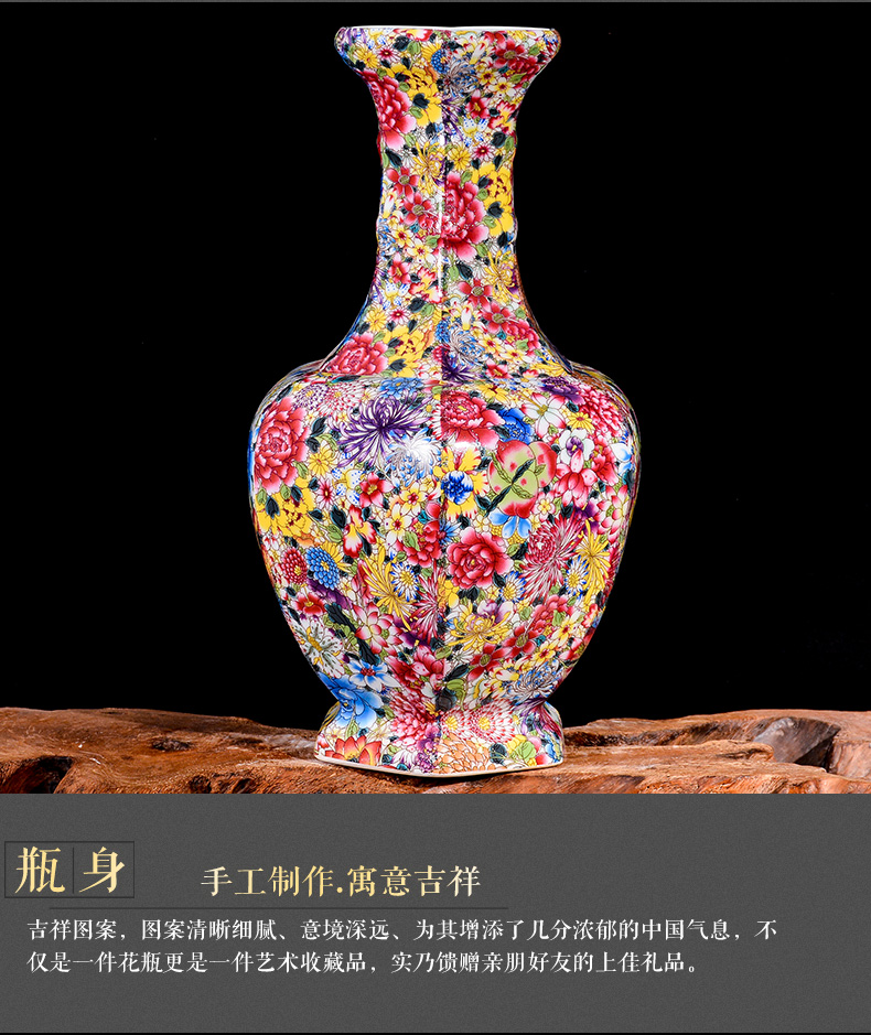 Jingdezhen ceramics powder enamel six - party vase antique flower flower arrangement of Chinese style living room TV ark adornment furnishing articles