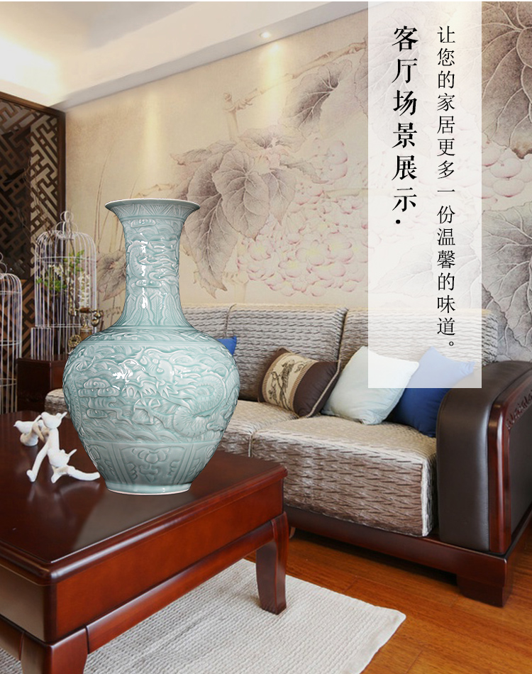 Jingdezhen ceramics archaize of carved dragon shadow blue glaze vase Chinese sitting room porch decoration floor furnishing articles