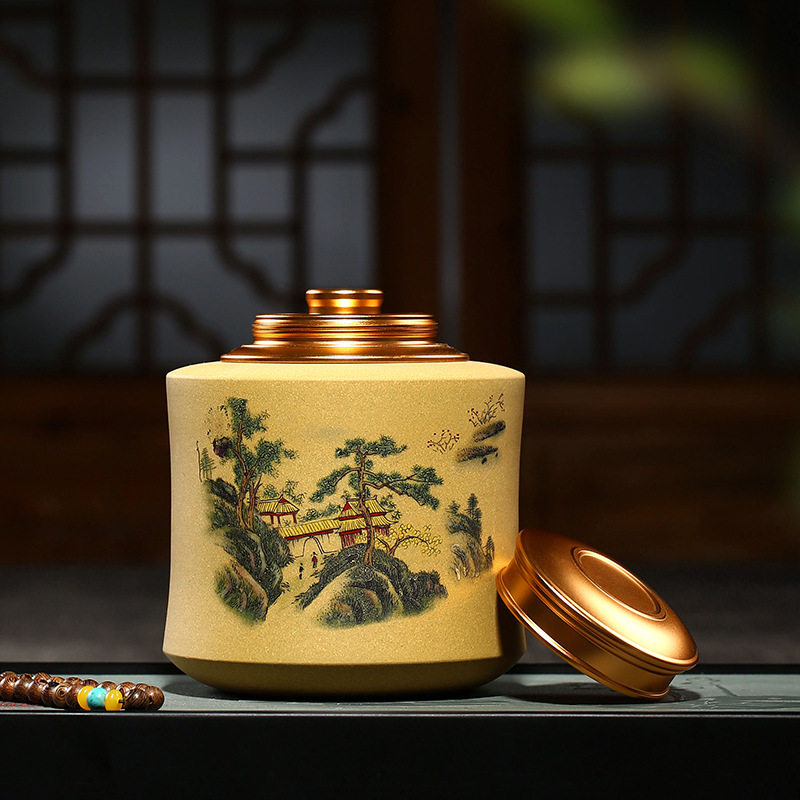 Yixing purple sand painting bamboo caddy fixings bract matsushige home tea house sitting room tea pot pottery tea cylinder