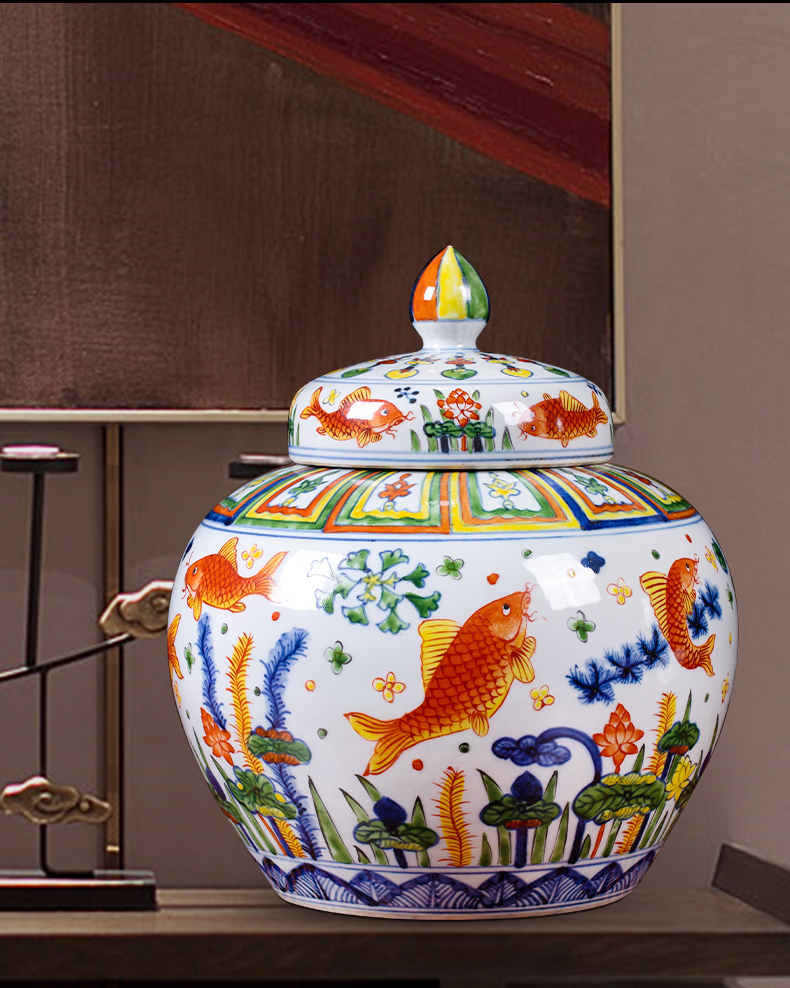 Jingdezhen ceramic antique blue - and - white, colorful fish and algae grain caddy fixings storage tank house sitting room study collect furnishing articles