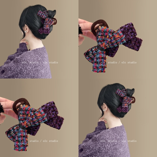 紫气东来~撞色双蝴蝶结大号抓夹女2025新气质后脑勺鲨鱼夹旅行