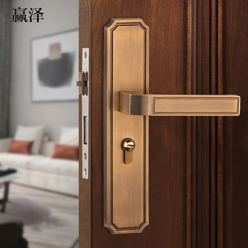 New Chinese indoor bedroom mute door lock universal magnetic attraction pair door imitation antique black solid wood double door handle