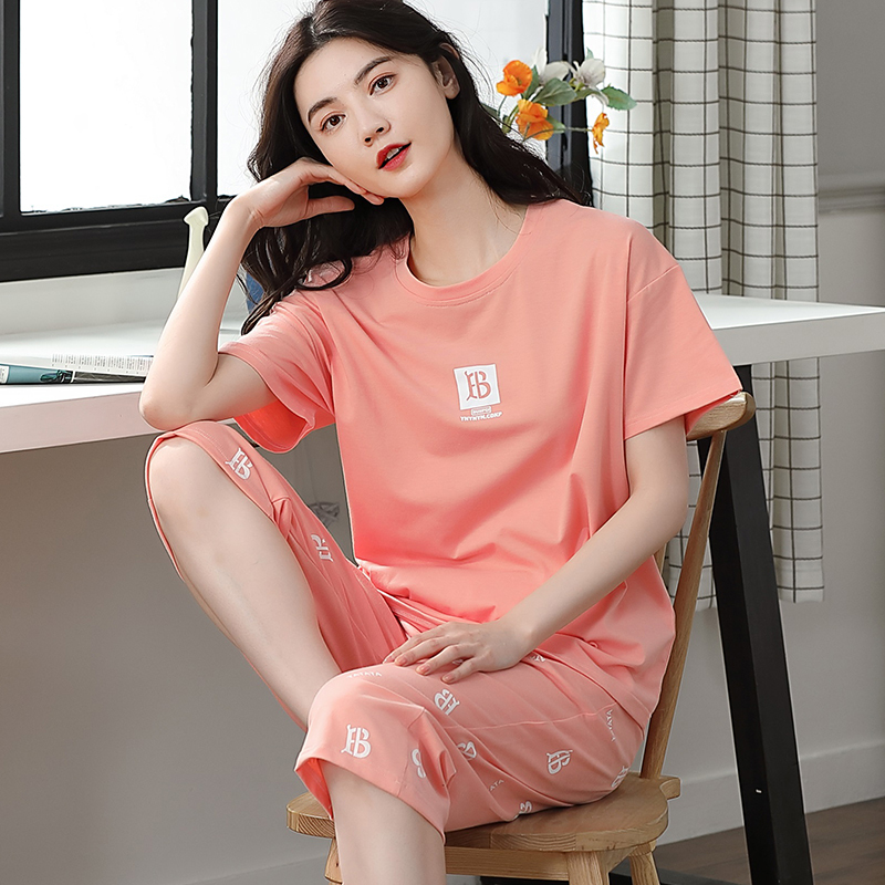 2022 New Summer Pajamas for Women, Thin Three-Quarter Pants, Short-Sleeved, Loose, Plus Size, Two-Piece Set, Loungewear for Spring