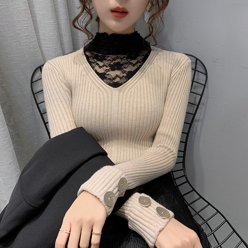 Lace Semi-High Collar Undercoat Lady Inner Hitch 2019 Autumn Winter New Foreign Style Fashion 100 Hitch Thickened Stitch Cardiovert