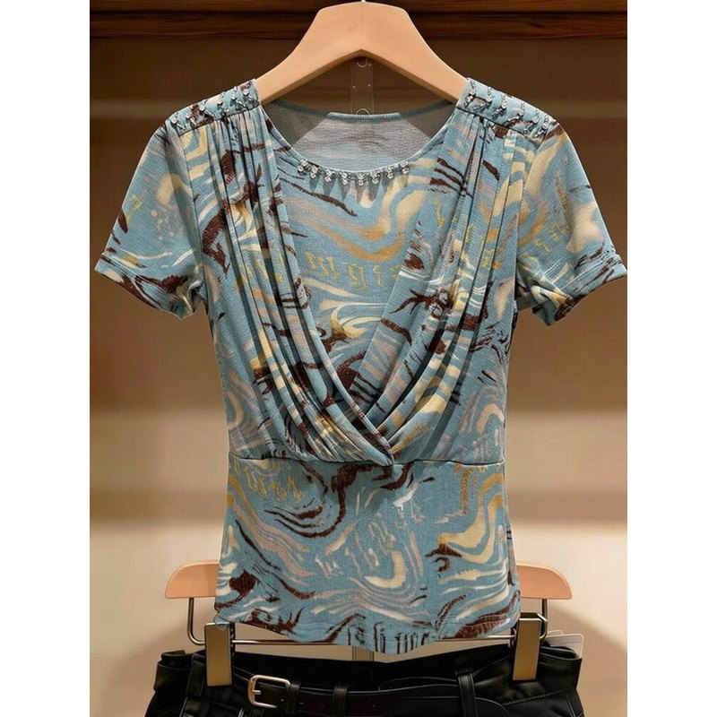 French-Style Retro Printed Rhinestone Slim-Fit Mesh Short-Sleeve T-Shirt for Women, Flattering and Super Stylish, Perfect for Summer