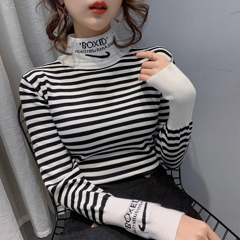 Striped half height collar bottom sweater lady Neyhitch 2019 autumn and winter new foreign style Fashion Thickened Stitch Cardiovert