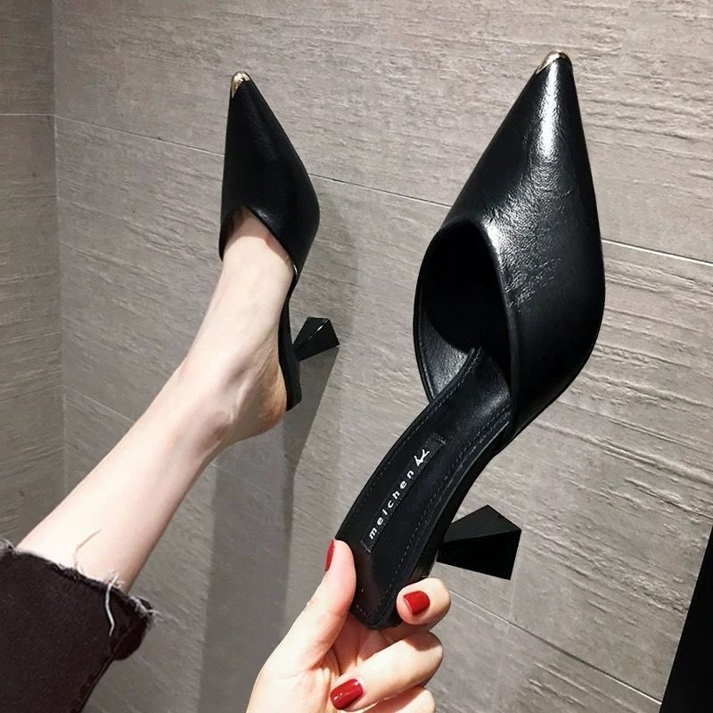 Trendy Pointed-Toe Mules for Women, Fashionable and Versatile, High-Heeled Chunky Heel Sandals, New Summer 2023 Model