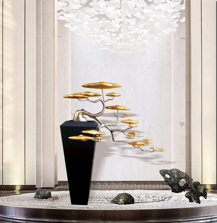 New Chinese-Style Metal Welcoming Pine Tree Floor-Standing Ornament, Simple Park Hotel Front Desk Villa Living Room Home Decoration