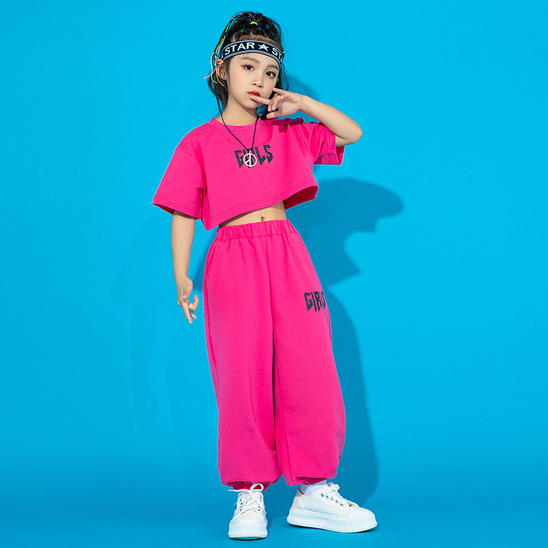 Dance Suit Children Female Short Sleeve Street Dance Suit Girl Jazz Dance out of the girl's navel show Walk Show Wave