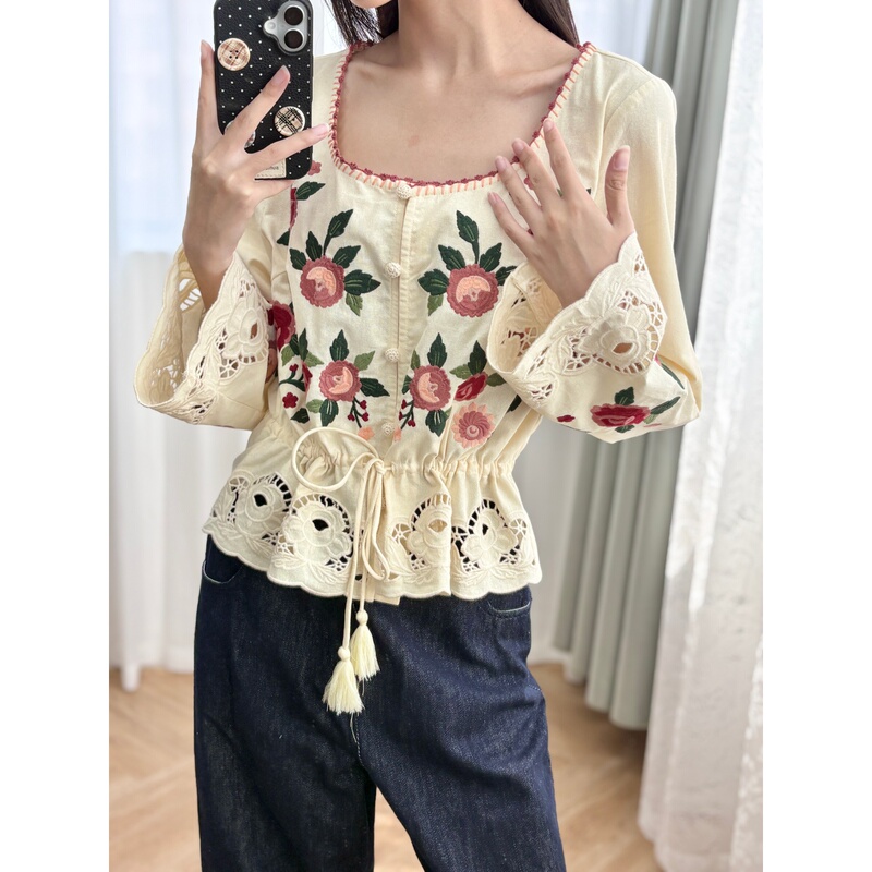 Atmospheric Outfit~ French-Style Exquisite Embroidered Floral Long-Sleeve Shirt, Cotton and Linen Waist-Cinching Tie-Up Hollow Lace Top