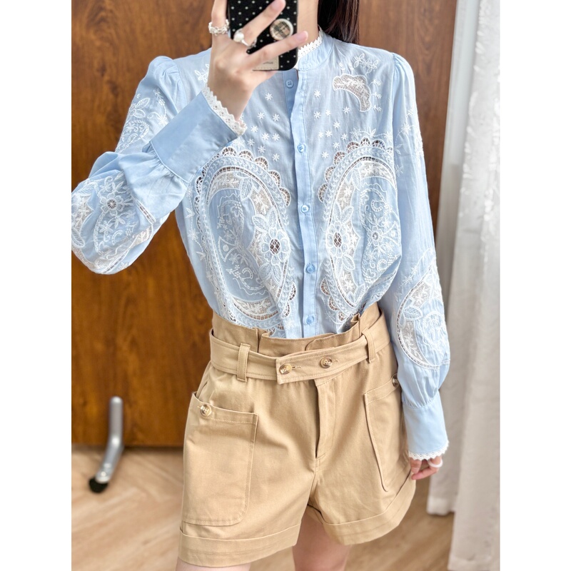 French Court Style ~ 2-Color Heavy Embroidery Lace Collar Shirt for Women, Long-Sleeved, Slim-Fitting, White Top for Summer