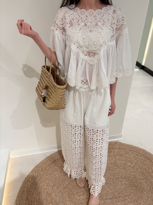 Ganling French Resort Style Heavy-Duty Hollow Crochet Lace White Shirt for Women Summer + Embroidered White Long Pants