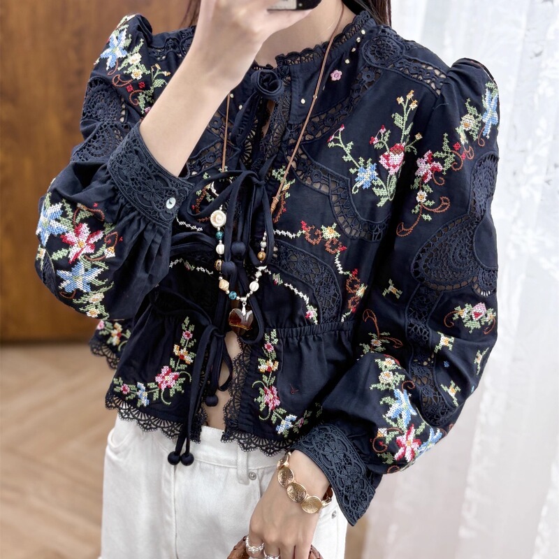 Vintage Ethnic Style | Heavy Floral Embroidery Shirt with Round Neck, Lace Hollow-Out Tie-Front Placket, Elegant and Unique Top