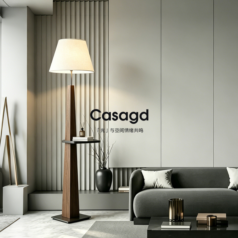 Casagd Italian Minimalist Solid Wood Floor Lamp, Integrated Side Table and Shelf Next to the Vintage Sofa, Bedroom Ambiance Lighting
