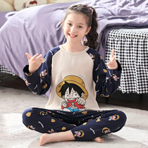  Childrens pajamas girls spring and autumn pure cotton long-sleeved thin cartoon girl middle and large children children baby home clothes set