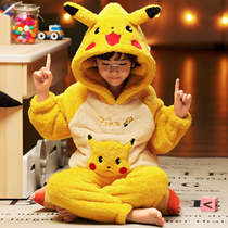 Childrens pajamas boys flannel autumn and winter plus velvet padded coral velvet boy middle and big boy hooded home suit suit