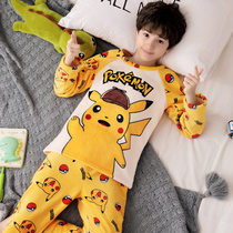  Childrens pajamas Boys flannel autumn and winter thickened coral velvet boys middle and older children winter home clothes set