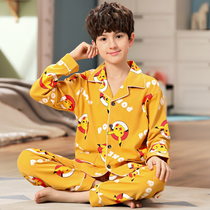  Childrens pajamas Boys spring and autumn pure cotton long-sleeved thin summer cardigan cartoon big boy boys home service suit