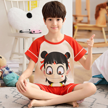  Childrens pajamas Boys summer thin short-sleeved pure cotton boys 12-15 years old childrens baby home clothes set