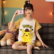  Girls  pajamas Summer short-sleeved pure cotton thin summer cotton girl princess childrens home clothes set