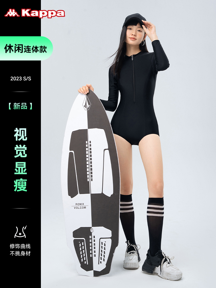 <!--Kappa长袖连体游泳衣女士保守专业竞速运动女款潜水服冲浪服泳装-->