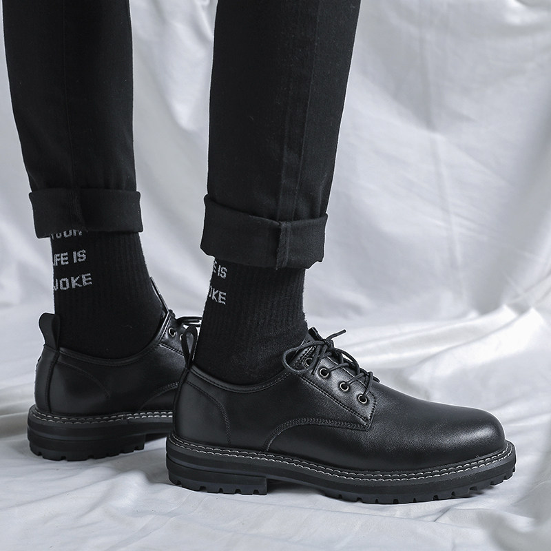 Martin shoes black low-top summer thin section business formal wear casual inner heightened thick bottom big head British trend leather shoes men