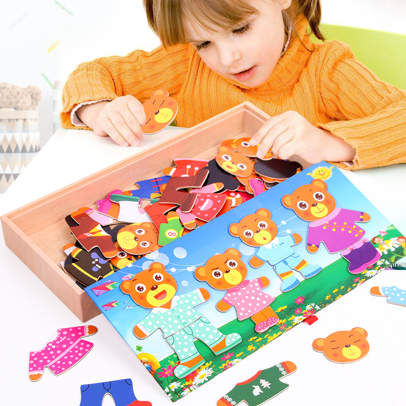 Magnetic woody children small bear changing clothes puzzle Puzzle Wearing Game Jigsaw Puzzle Building Blocks Toy Toddler Kids Park