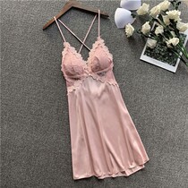  Sexy suspender night dress womens spring and summer new style with chest pad gathered lace beautiful back home clothes private short skirt thin section