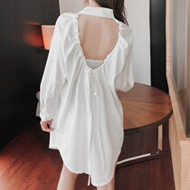  New nightdress womens spring and autumn chiffon long-sleeved sexy hollow white shirt boyfriend style medium-length pajamas womens summer