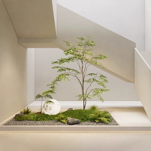 Имитация бамбуковых зеленых растений нандина, ландшафтный микроландшафт из клена с куриными когтями, мягкая отделка, украшения из искусственных деревьев под лестницей во внутреннем дворике виллы.