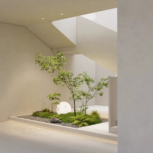 Имитация бамбуковых зеленых растений нандина, ландшафтный микроландшафт из клена с куриными когтями, мягкая отделка, украшения из искусственных деревьев под лестницей во внутреннем дворике виллы.