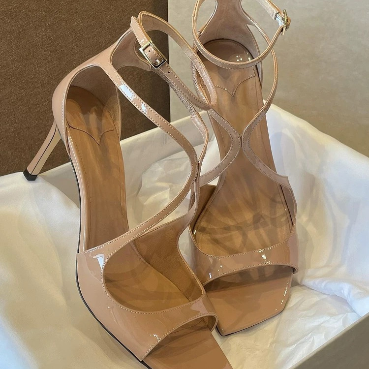 2026 Summer New Nude Patent Leather Sexy Open-Toe High Heels Women's Peep-Toe Square-Toe Hollow Strap Sandals