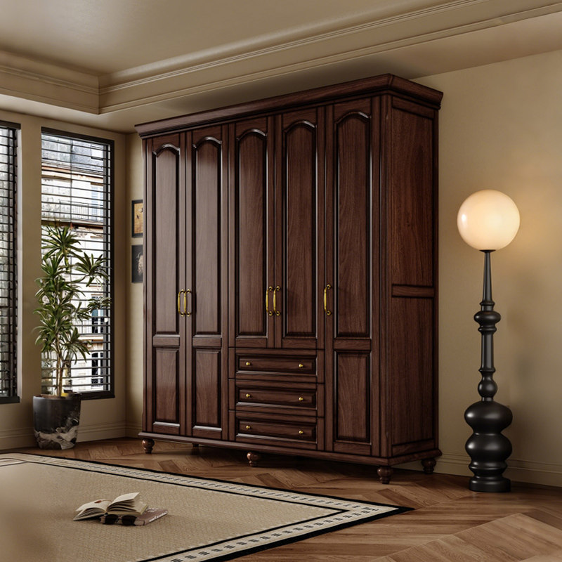 Medieval-Style Solid Wood Wardrobe in Black Walnut Color, Modern Minimalist Double-Door 3456-Door with Drawers and Top Cabinet for Bedroom
