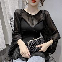 2020 French top two-piece womens autumn slim slim Western style long-sleeved chiffon shirt knitted small camisole