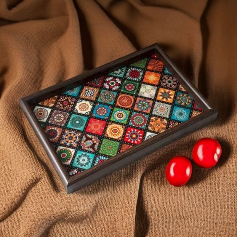 Bohemian Style Tray for Exotic Living Room Tabletop Storage, Jewelry Storage, Entryway Household Wooden Leather Storage Tray