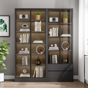 轻奢玻璃门书柜北欧简约现代展示柜子书房书橱客厅整墙实木储物柜