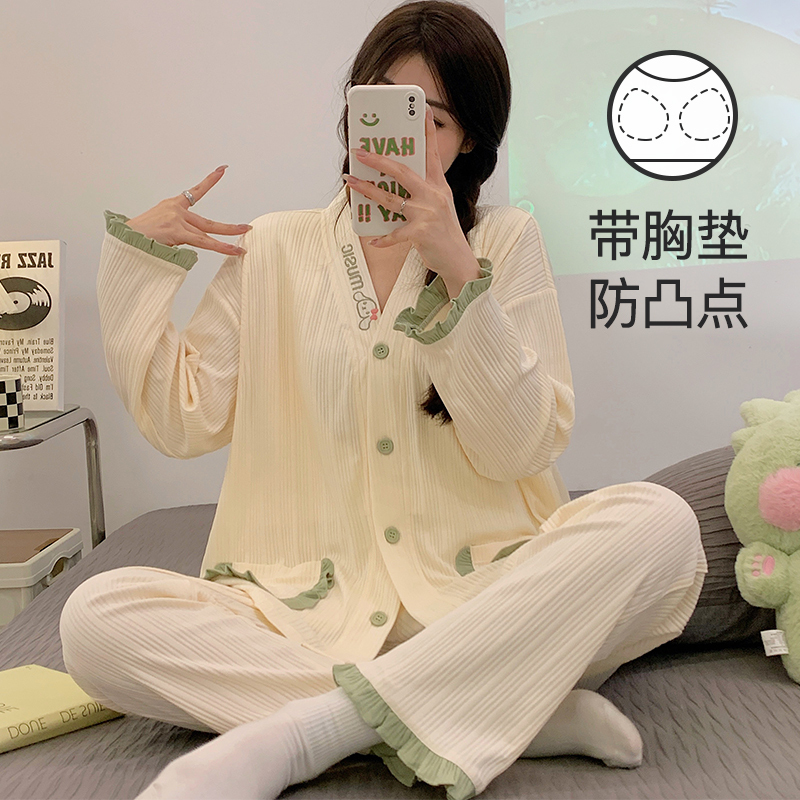 Class a Pure Cotton Maternity Pajamas with Breast Pads for Spring and Autumn, All-Cotton, Sweat-Absorbent, Suitable for Breastfeeding, Summer and All Seasons, Thin Style
