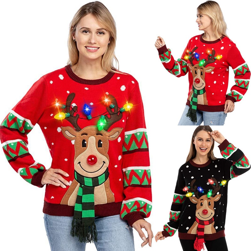 Christmas Export Cross-Border Hot-Selling Creative Christmas Reindeer Knitwear Christmas Atmosphere Sweater Led Lights