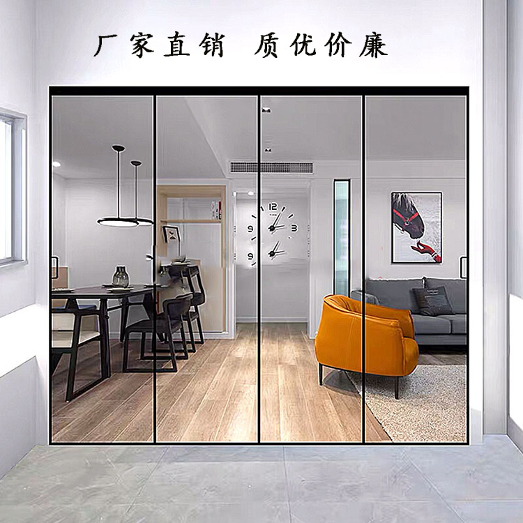 Black narrow side partition glass sliding door straight for custom titanium magnesium alloy makeup room Balcony Kitchen Ramen