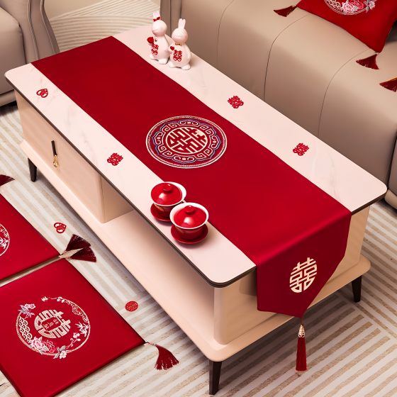 结婚桌旗红色茶几桌布婚房布置装饰订婚新婚台布餐桌电视柜红盖布