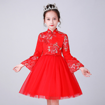 Childrens cheongsam autumn and winter 2021 New Chinese style Tang suit foreign style girls New Year dress red princess skirt plus Velvet