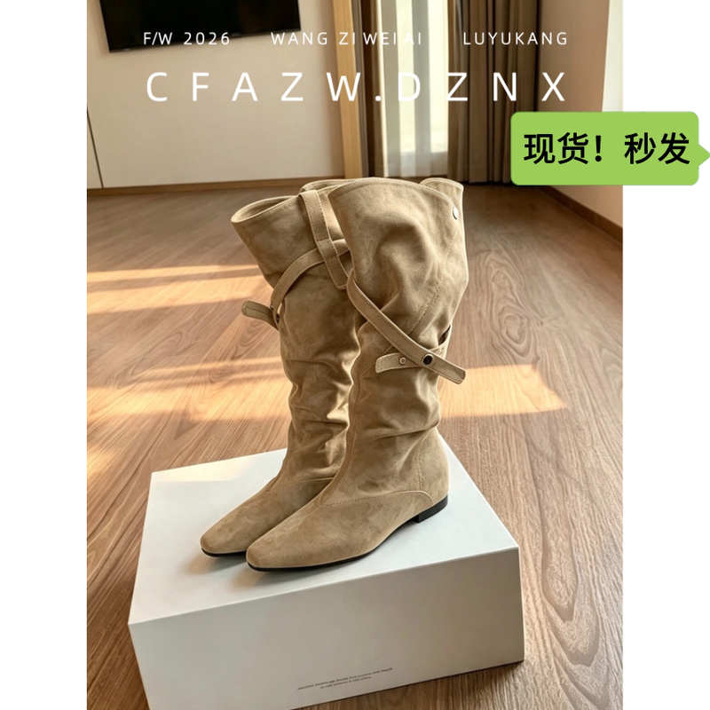 Sheepskin ~6Cm Height-Increasing Pleated Stacked Long Boots for Women, Autumn and Winter Two-Way Wear, Retro Pointed Toe Mid-Calf Boots, Western Cowboy Boots Sheepskin ~6Cm Height-Increasing Pleated Stacked Long Boots for Women, Autumn and Winter Two-Way Wear, Retro Pointed Toe Mid-Calf Boots, Western Cowboy Boots