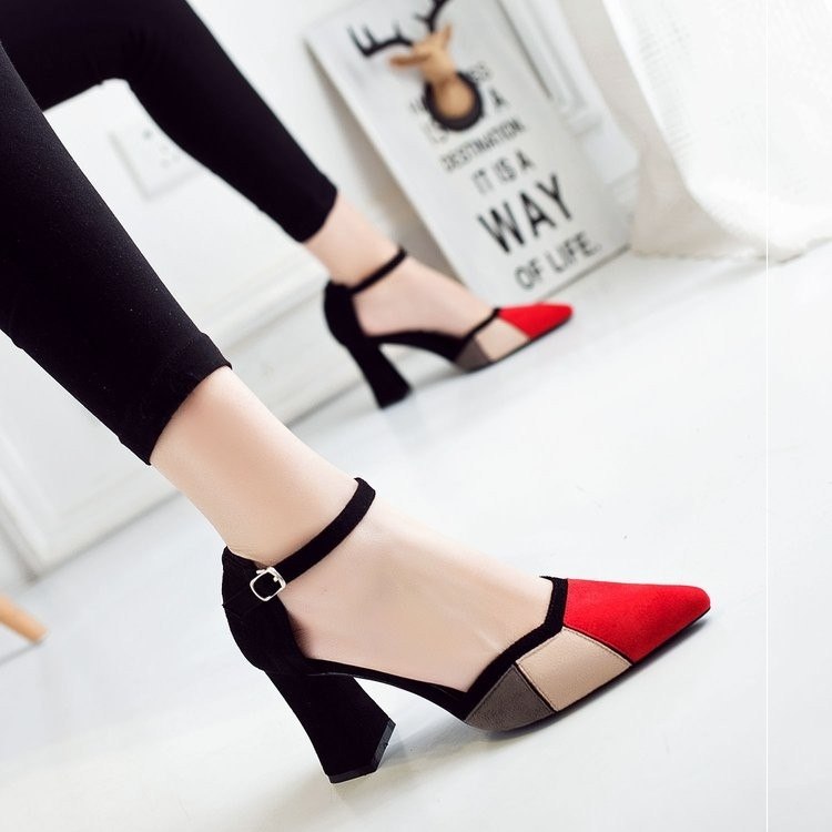 2021 new spring autumn coarse heel hollow single shoe pointed high heel shoe collage sandals sexy sashimi