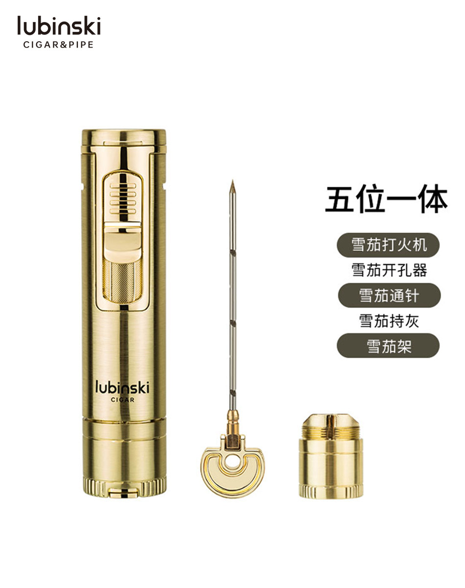 Lubinski Single Hole Straight Flush Windproof Cigar Lighter with Drill Through Needle Cigar Holder Gift Box Set