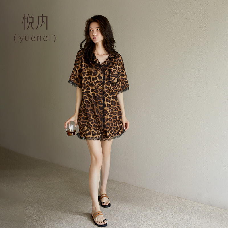 Yue Nei Women's Summer Pajamas, Modal Short-Sleeve Shorts Loungewear, Summer Style, Ice Silk, High-End Fashion, Leopard Print