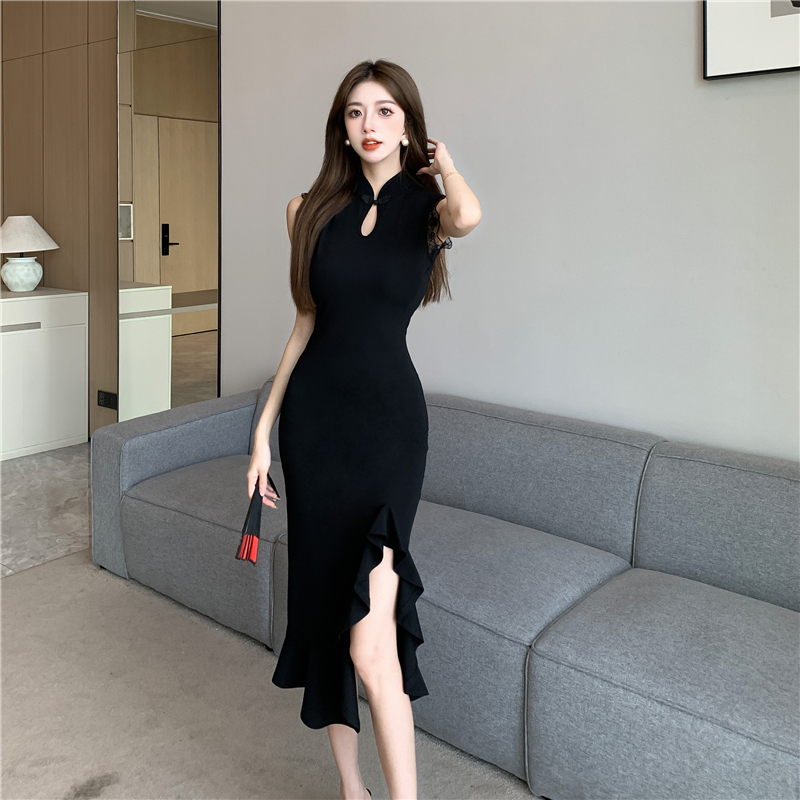 Summer New Lace Patchwork Sleeveless Dress, Mid-Length with Ruffles and Slit, Sexy New Chinese-Style Improved Cheongsam