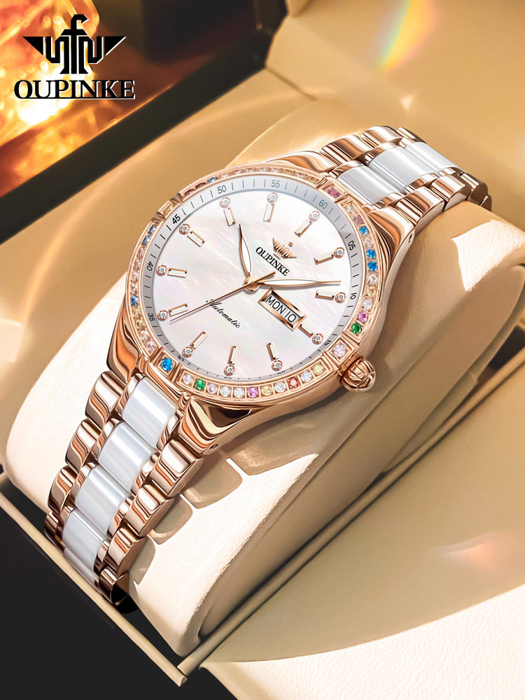 New Year's Gift Swiss Oupinke Brand Genuine Watch Women's Mechanical Watch Fashionable Light Luxury Niche Ceramic Women's Model