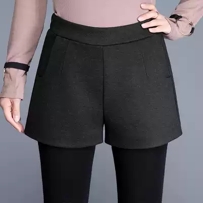 2020 new high waisted woolen shorts women autumn and winter wear elastic a-shaped wide leg Black thick tweed boots pants